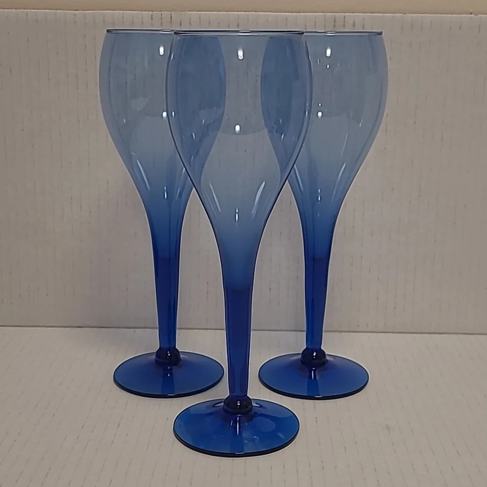 Set of 3 Vintage Blue Wine Glasses